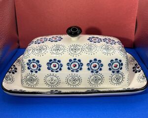 Royal Ceramic Butter Dish Blue & Cream Red Dots are Raised